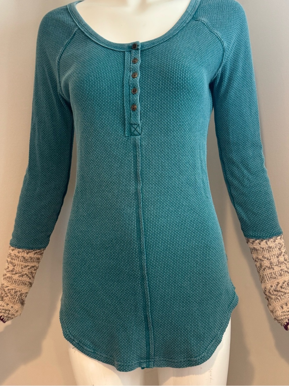 Intimately Free People Thermal Henley Top Fair Isle Cuff Waffle Knit Medium